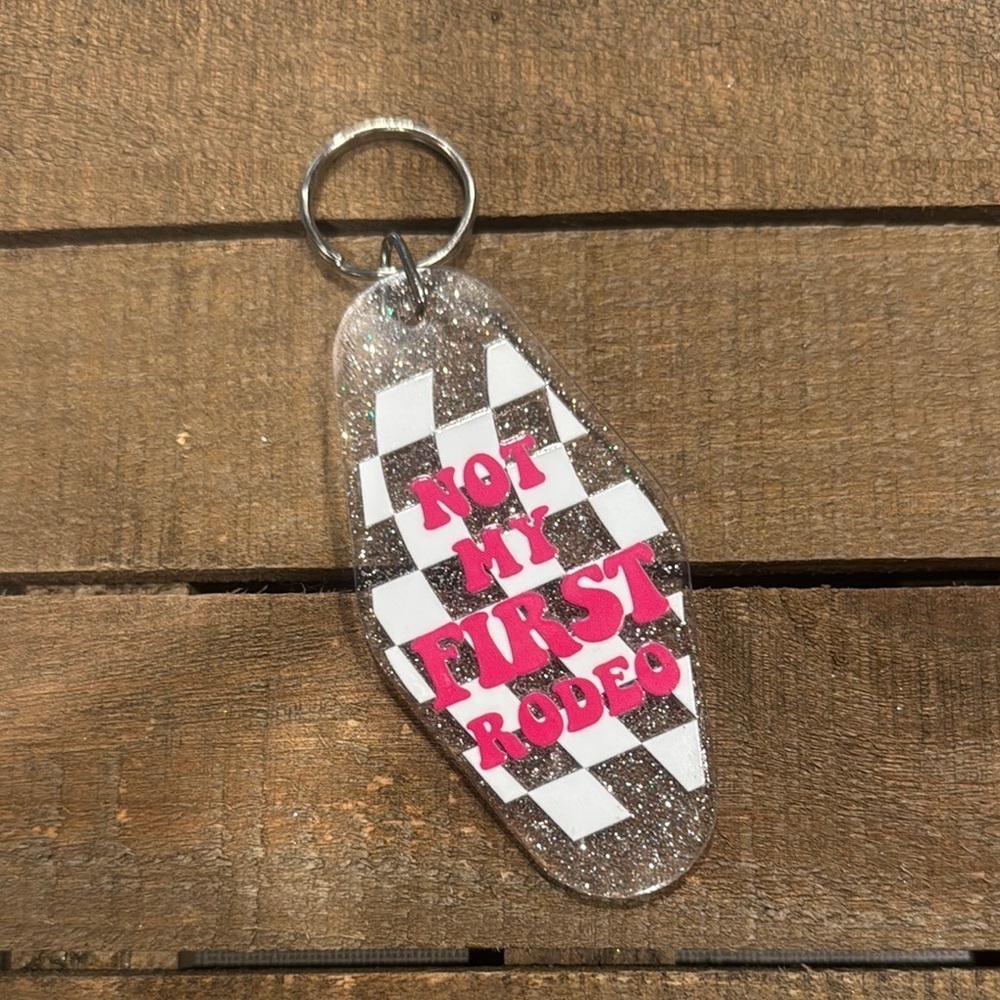 Checkered Keychain with Pink Text